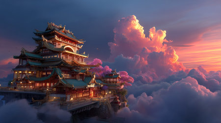 A stunning Asian temple emerges from the soft clouds, illuminated by the warm hues of sunset. The scene captures the beauty and tranquility of nature, highlighting intricate architecture against a backdrop of vibrant clouds. Perfect for travel and inspirational themes.の素材