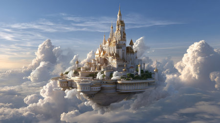 Explore the breathtaking beauty of a majestic fantasy castle surrounded by ethereal clouds, creating a dreamlike atmosphere that inspires wonder and imagination.の素材