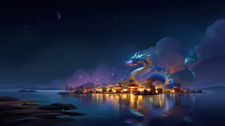 A captivating scene featuring a mythical dragon hovering over a tranquil island, illuminated houses reflecting on calm waters under a starry night.の素材