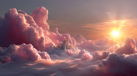 A breathtaking scene of a magnificent castle surrounded by fluffy, colorful clouds at sunrise, creating a magical and serene atmosphere.の素材