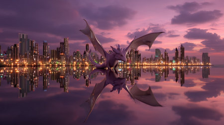 A stunning purple dragon stands majestically in calm waters, reflecting the vibrant city skyline during sunset. The scene captures the essence of fantasy.の素材