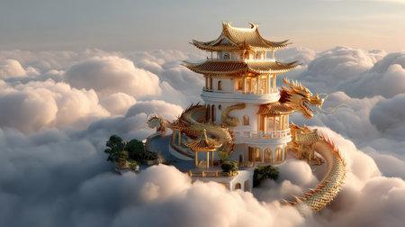 This stunning image showcases a majestic golden pagoda perched gracefully above the clouds, featuring an intricate dragon sculpture, evoking a sense of serenity and wonder.の素材