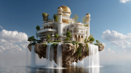 Discover a breathtaking floating palace complete with lush gardens and stunning waterfalls, set against a tranquil blue sky, embodying fantasy and serenity.の素材