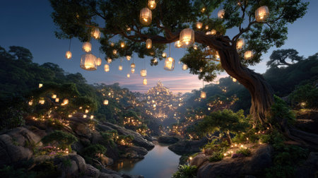 A mesmerizing enchanted night scene features glowing lanterns suspended from ancient trees, illuminating a tranquil river. This magical atmosphere invites exploration and wonder.の素材