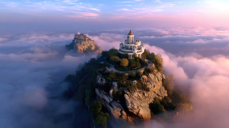 Ethereal view of a majestic castle perched on a rocky island, enveloped in a mystical fog at sunrise, creating a breathtaking and serene landscape.の素材