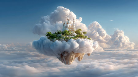 A breathtaking scene of a majestic castle gracefully floating among fluffy clouds. Lush greenery surrounds the structure, enhancing the dreamlike quality of this enchanting landscape.の素材