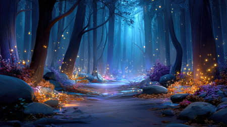 A captivating view of an enchanted forest illuminated by soft glowing lights, featuring vibrant flora, sparkling fireflies, and a serene atmosphere.の素材