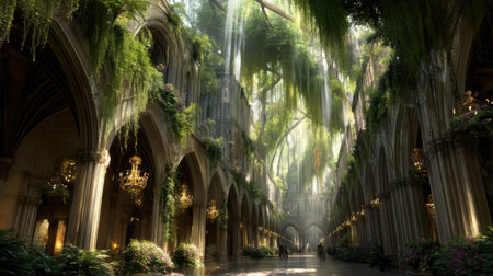 Discover an enchanting forest cathedral where sunlight filters through lush greenery and architectural arches, creating a serene and magical atmosphere.の素材