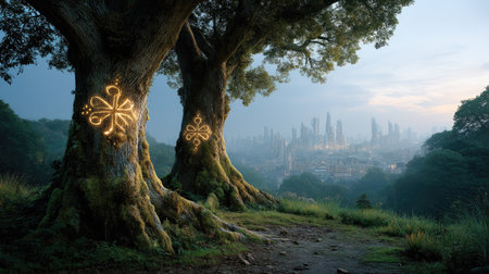 An enchanting forest scene featuring illuminated trees with artistic patterns, overlooking a futuristic cityscape at dawn, evoking a sense of magic and serenity.の素材