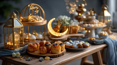 A beautifully arranged table filled with an assortment of pastries, decorative lights, and floral accents, creating a warm and inviting atmosphere for gatherings.の素材