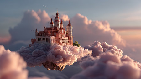 A dreamy castle floats majestically among soft clouds during sunset, creating an enchanting scene filled with whimsy and wonder, evoking fantasy.の素材