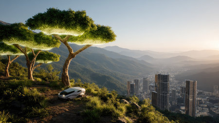 A breathtaking view of a futuristic landscape showcasing an electric vehicle parked near glowing trees, with a modern cityscape and mountains at sunrise.の素材