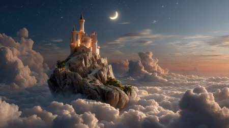 A breathtaking castle rests atop a rugged peak, enveloped in soft clouds under a glowing night sky filled with stars and a crescent moon.の素材
