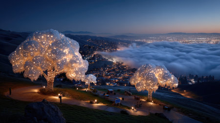 A stunning scene of trees illuminated with lights at twilight, overlooking a fog-blanketed valley and a vibrant city skyline, creating a peaceful atmosphere.の素材