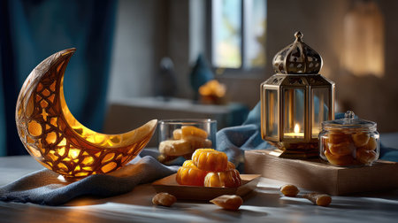 A beautifully arranged table showcasing a crescent moon lamp, an ornate lantern, and traditional sweets, creating a warm and festive atmosphere for Ramadan.の素材