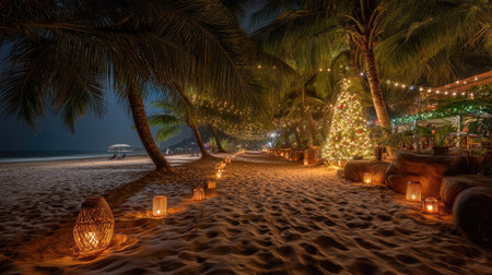 A peaceful beach scene illuminated by soft lights and decorated trees, creating a serene ambiance perfect for relaxation and vacation vibes at night.の素材