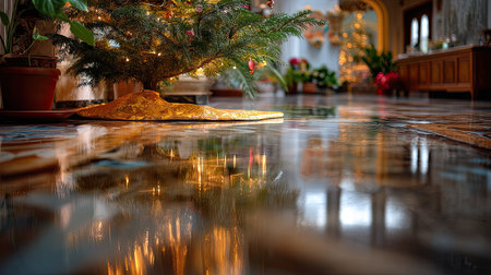 This captivating scene captures the essence of the holiday season, showcasing a beautifully decorated Christmas tree with soft lights reflecting on a polished floor.の素材