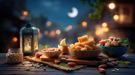 A beautifully arranged evening table showcasing a variety of traditional treats and snacks, illuminated by a lantern and bathed in moonlight.の素材