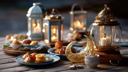 A beautifully arranged table for a festive occasion featuring assorted pastries, elegant lanterns, and a crescent moon decor, creating a warm and inviting atmosphere.の素材