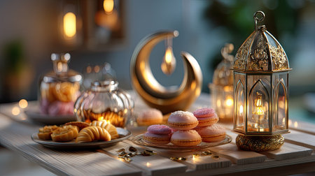 A beautifully arranged table featuring ornate lanterns, colorful sweets, and decorative accents, creating a warm and inviting atmosphere for any festive occasion.の素材