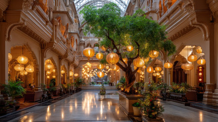 This stunning image features an elegant indoor garden with a bamboo tree surrounded by numerous hanging lanterns, creating a warm and inviting atmosphere.の素材