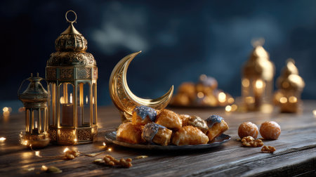 A beautifully arranged table featuring an ornate lantern, a crescent moon, and a variety of delectable sweets, perfect for festive celebrations and gatherings.の素材