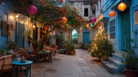 This charming courtyard features vibrant blue architecture adorned with colorful lanterns, trees, and festive lights, creating a cozy ambiance perfect for gatherings.の素材
