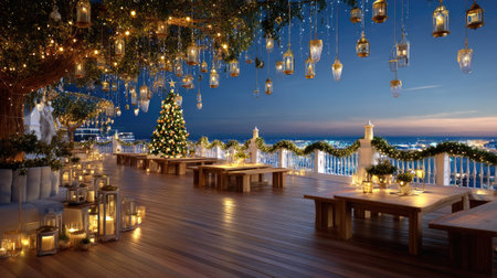 A stunning rooftop space adorned with festive decorations, lanterns, and a beautifully lit Christmas tree. Enjoy a magical evening overlooking the city skyline.の素材