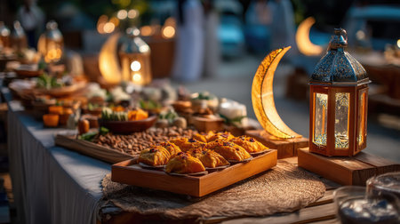 A beautifully arranged outdoor dining setting featuring traditional dishes and decorative lanterns, creating a cozy ambiance for evening gatherings.の素材