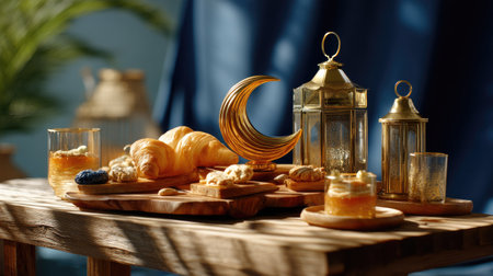 A beautifully arranged scene featuring golden lanterns, fresh croissants, and assorted sweets on a rustic wooden table, complemented by a rich blue backdrop.の素材