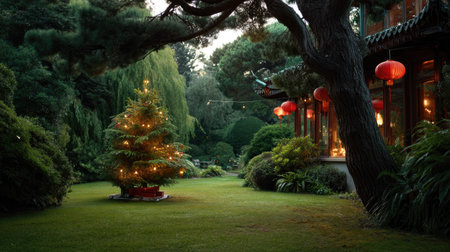 A picturesque garden at dusk featuring a beautifully decorated Christmas tree adorned with lights, surrounded by lush greenery and vibrant lanterns, creating a serene holiday atmosphere.の素材