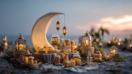 A serene coastal evening scene featuring elegant lanterns and jars of desserts beautifully arranged on the sand, capturing tranquil moments at sunset.の素材