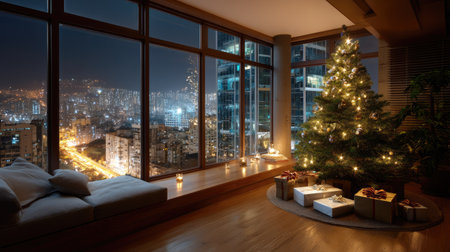 A cozy Christmas evening captured in a modern apartment showcasing a beautifully decorated tree, sparkling lights, and a stunning city view.の素材