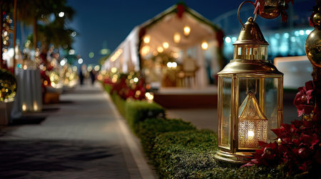 A beautifully decorated holiday pathway at night highlighted by an elegant lantern, creating a warm and inviting atmosphere for festive celebrations.の素材