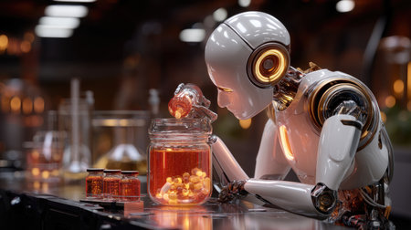 A striking image of a futuristic robot engaged in a scientific experiment in a high-tech laboratory, with vibrant liquids in glass containers. The intricate details highlight innovation and research potential in a modern setting.の素材