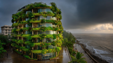 This stunning image showcases a modern green building adorned with lush vegetation, situated by the shoreline. The striking architectural design highlights the harmony between urban living and nature, set against a dramatic sky.の素材