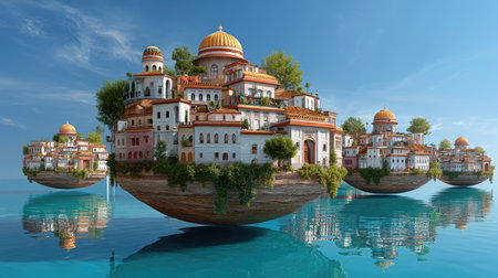 Experience a captivating visual of floating islands, featuring colorful houses amidst lush greenery, reflecting in calm waters under a bright blue sky.の素材