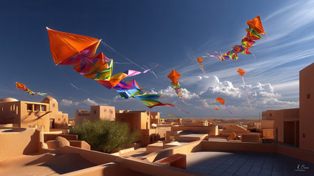 A picturesque scene of vibrant kites flying over a traditional desert village, capturing the joyous spirit of outdoor activities against a beautiful sunset backdrop.の素材