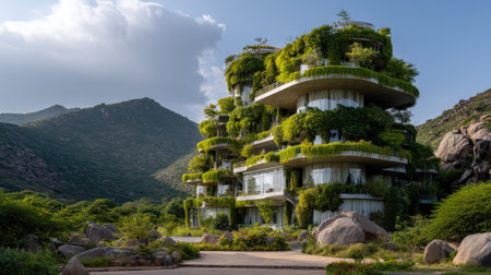 Stunning modern architecture blends seamlessly with nature in this eco-friendly building, surrounded by mountains and lush greenery, creating a peaceful retreat.の素材