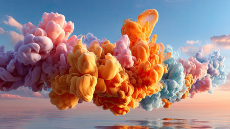 This stunning image features vibrant abstract clouds in pastel tones floating above a serene water reflection at sunrise, creating an enchanting landscape.の素材