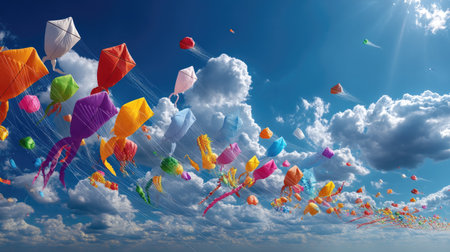 A stunning display of colorful kites flying high against a backdrop of a bright blue sky filled with fluffy white clouds, encapsulating freedom and joy.の素材