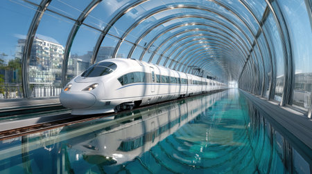 This image showcases a sleek high-speed train entering a spectacular glass tunnel, reflecting in clear blue water. It represents modern transportation and innovative design.の素材