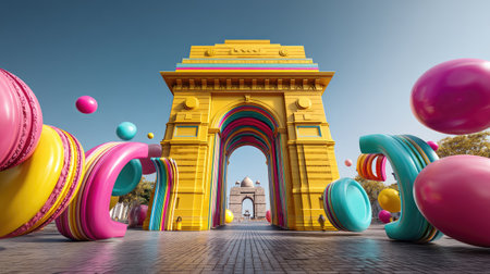 A vibrant archway featuring colorful macarons and playful balloons creates a whimsical atmosphere in front of an iconic urban landmark, perfect for joyful scenes.の素材
