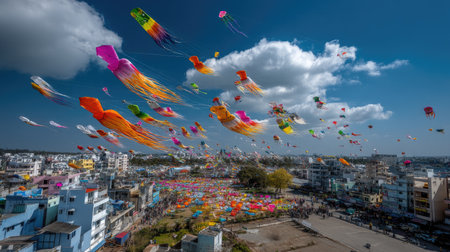 A stunning aerial view captures a vibrant festival scene filled with colorful kites soaring high against a bright blue sky and fluffy clouds.の素材