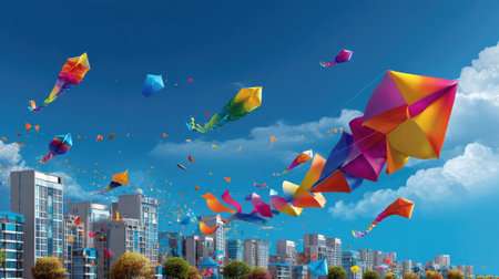 A vibrant scene capturing colorful kites flying high against a bright blue sky, showcasing the joy of outdoor play and urban life.の素材