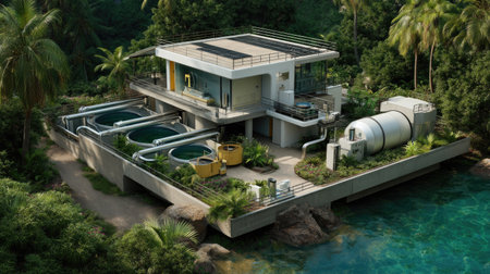 A state-of-the-art water purification facility harmoniously integrated into a tropical landscape, showcasing advanced ecological design and sustainability practices.の素材