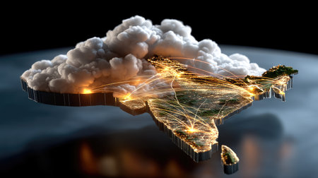A stunning 3D representation of India highlighting illuminated coastal areas and cloud cover, emphasizing urban connectivity and technological advancements.の素材