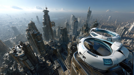 A breathtaking view of a futuristic cityscape featuring sleek skyscrapers and innovative sky pods. The scene captures a vibrant urban environment at dawn, showcasing advanced architecture and a sense of exploration.の素材