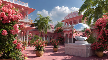 A stunning courtyard adorned with vibrant pink flowers and a reflective sphere, embodying tranquility and beauty in a picturesque tropical environment.の素材