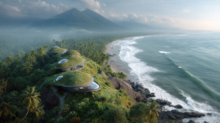 Captivating aerial view showcases innovative architecture nestled in lush greenery overlooking a tranquil beach, surrounded by majestic mountains and ocean waves.の素材